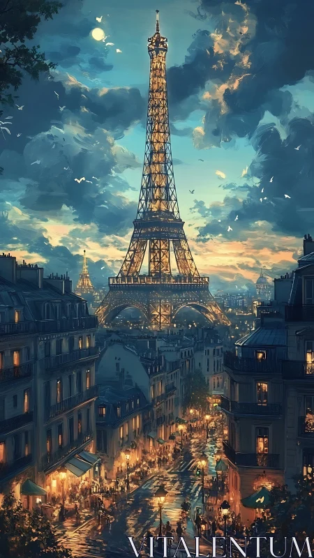 Parisian evening streets glow beneath a stormy Eiffel sky