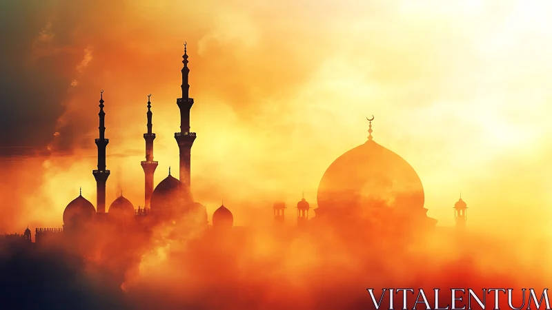 Mosque silhouette emerging through dense golden haze.