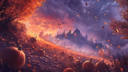 Autumn pumpkin field with distant house under dramatic sky.