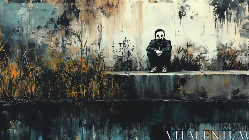 Lonely masked figure finds quiet reflection by an urban canal