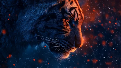 Burning gaze of a neon-lit tiger amid ember snowfall.