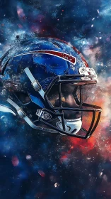 Blue football helmet suspended in cosmic energy field.