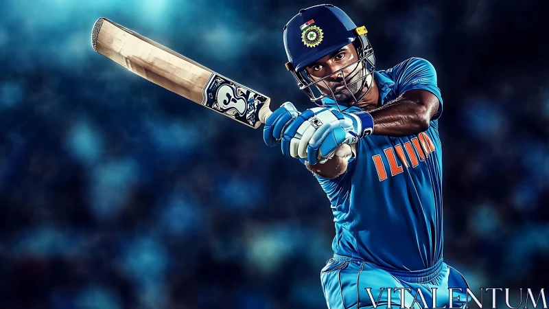 Cricket batsman in blue kit drives ball under stadium lights.