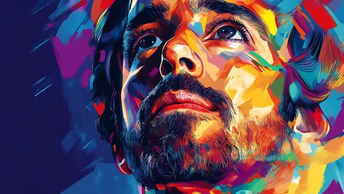 Multicolored male portrait rendered in abstract digital style.