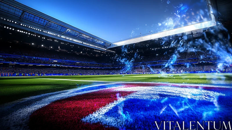 Night stadium field glows under vivid blue match lights.