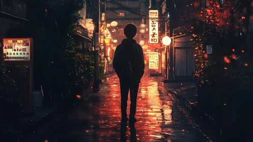 Silhouette stands in wet alley under neon lights at night