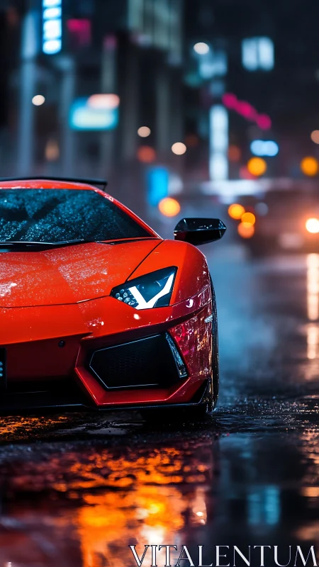 Red sports car front parked on wet neon city street