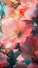 Pink Camellia Flowers with Golden Stamens in Soft Natural Lighting