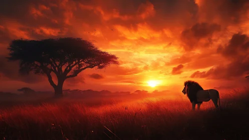 Lion at sunset watching over glowing savanna skies.