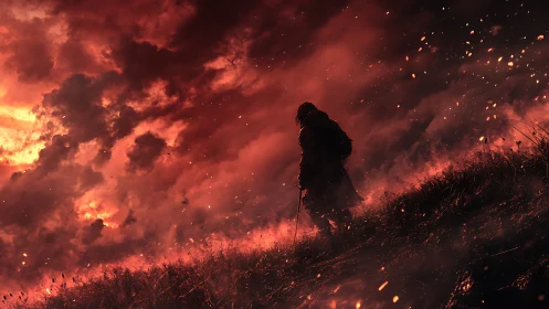 Solitary Figure Trekking Through Wildfire Landscape.