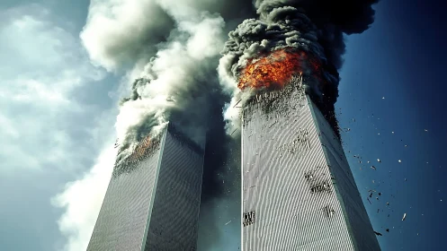 Twin towers engulfed in smoke and fire against blue sky.