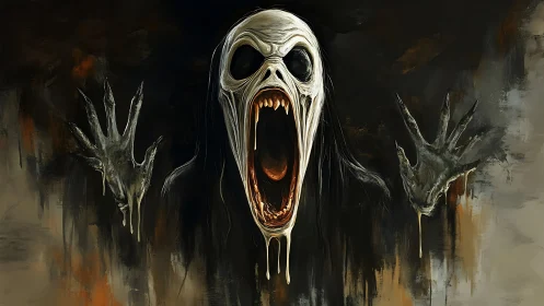 Screaming skeletal specter melts from dark abstract void