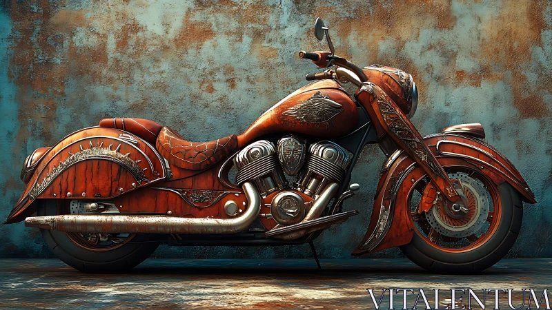 Custom copper cruiser motorcycle with ornate vintage detailing.