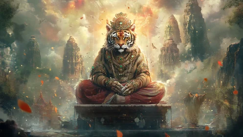 Regal tiger sage meditating amid mist-wreathed temple spires.
