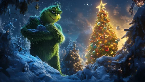 Scheming green trickster eyes a blazing winter Christmas tree.