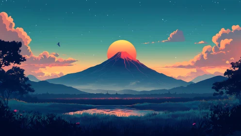 Digital landscape shows mountain silhouette under low sun