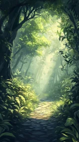 Enchanted forest path bathed in golden light