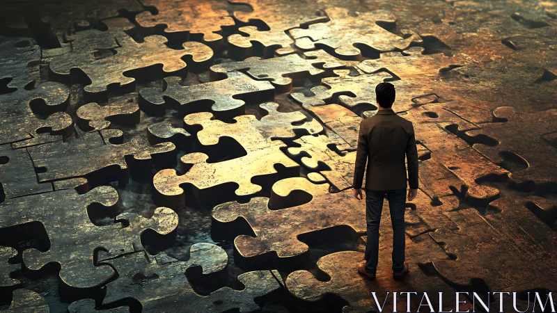 Man Confronts Giant Golden Puzzle Fragments on Weathered Floor.