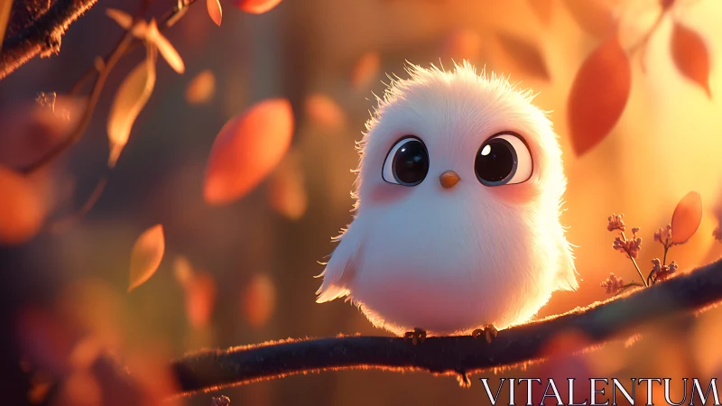 Adorable fluffy white baby bird on branch in warm autumn light.