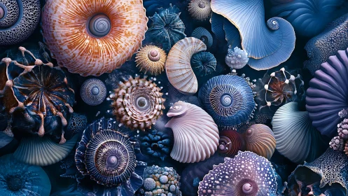 Intricate spiral marine forms in cool blue abstract field.