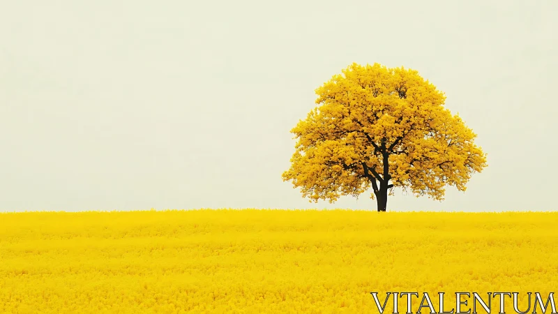 Solitary golden tree in minimal yellow field landscape.