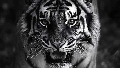 Monochrome tiger portrait with frontal predatory emphasis.