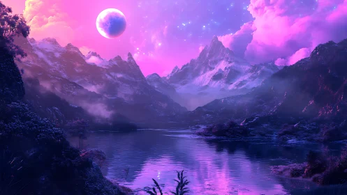 Luminous alien moonrise over radiant violet mountain lake.