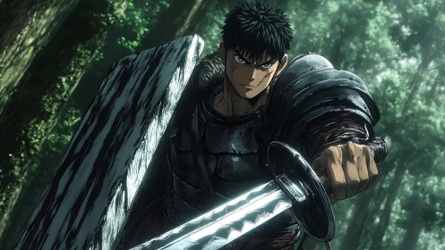 Forest warrior poised with colossal sword and scarred resolve.