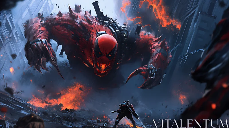 Armored soldier confronts colossal molten symbiote in ruined city