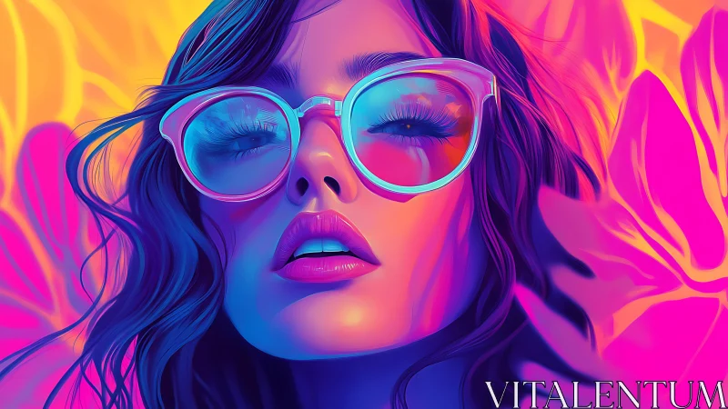 Neon dreamer in oversized glasses bathing in electric color.
