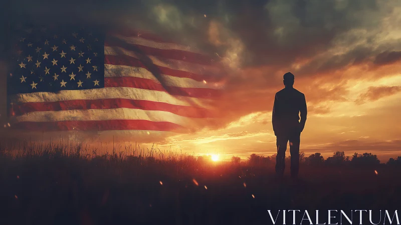 Lone silhouette greets a blazing sky woven with faded flag