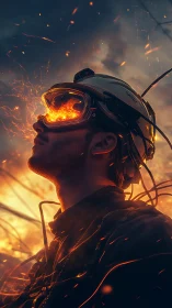 Cybernetic firefighter gazes into blazing augmented vision
