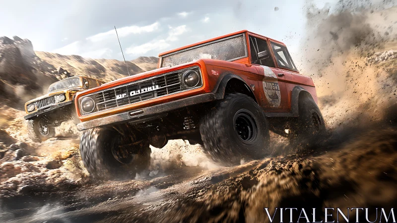 Dusty off-road racers charging through rugged canyon trails.