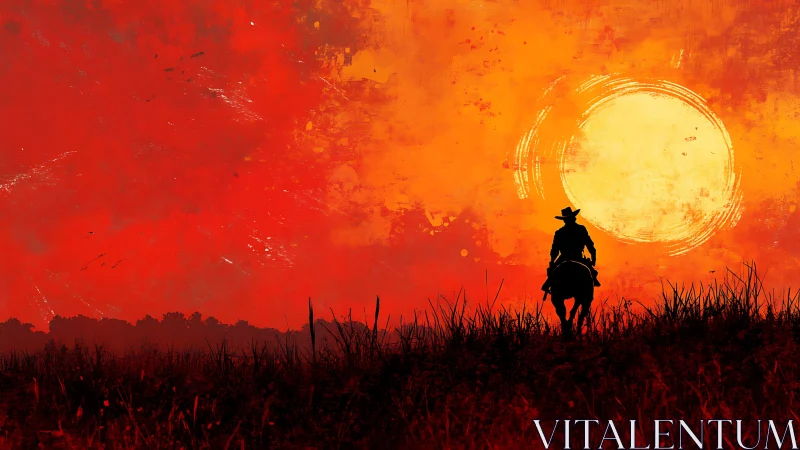 Lone cowboy rides home beneath a blazing western sunset sky