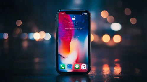 Modern iPhone with Abstract Gradient Display in Bokeh Environment.