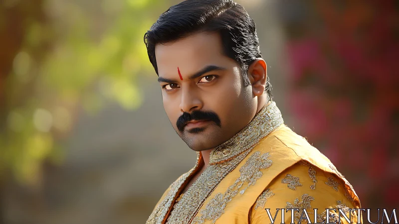 Regal portrait of man in ornate gold traditional attire.