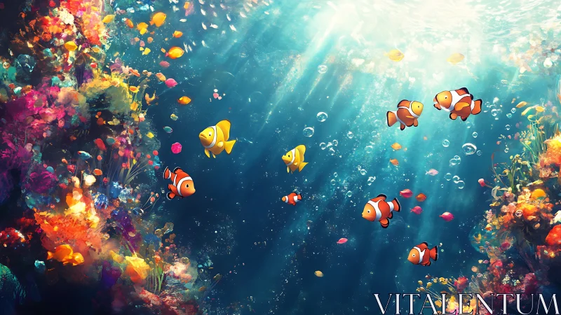 Sunlit clownfish parade drifting through a rainbow reef.