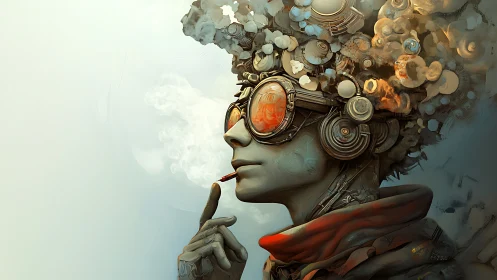 Cybernetic portrait isolates a smoking figure in surreal haze