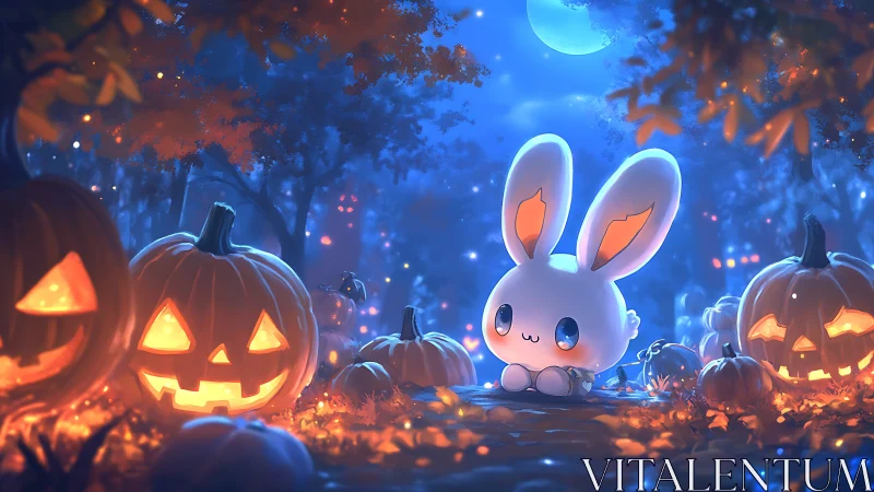 Cute glowing bunny sits among jack o lanterns at night