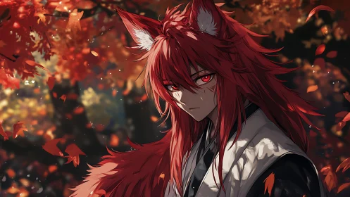 Fox-eared warrior stands amid burning autumn canopy.