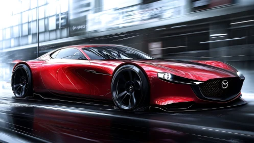 Red Mazda concept coupe accelerates through wet urban avenue