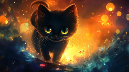 Black Cat With Golden Eyes Surrounded by Luminous Particles