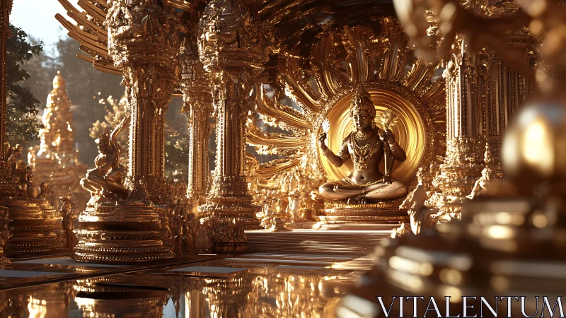 Golden seated deity statue occupies ornate reflective temple space