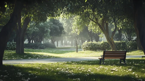 Sunlit park bench under glowing canopy of spring trees.