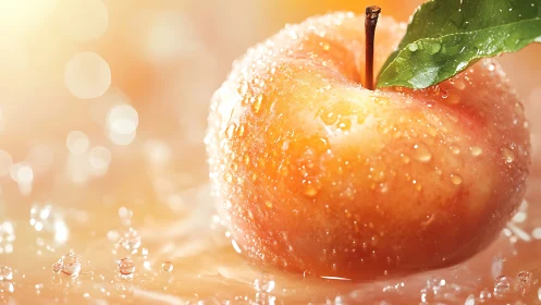 Macro closeup of dewy peach in warm backlit bokeh light