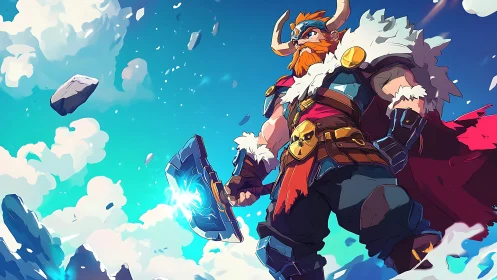 Viking warrior stands under dynamic stylized sky