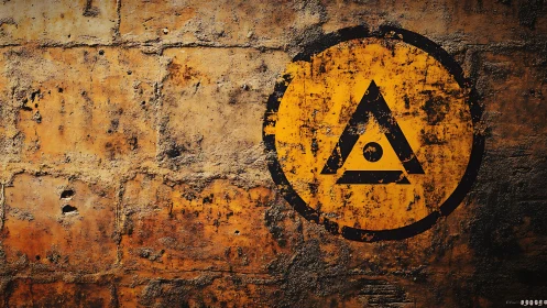 Grungy brick wall displays weathered yellow circular symbol