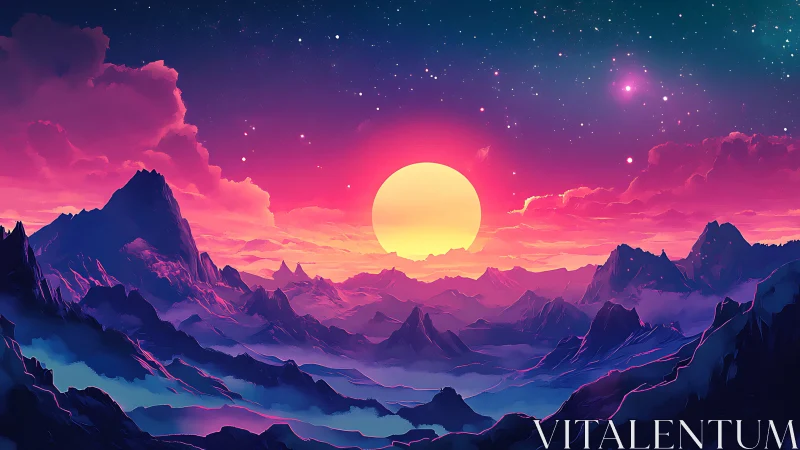 Radiant cosmic sunrise welcomes a dreamy neon mountain world