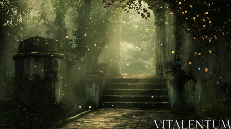 Overgrown stone stairway leading to glowing forest arch