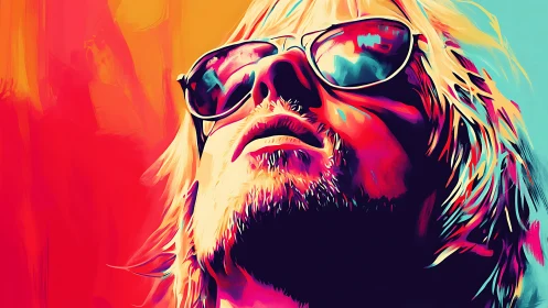 Portrait of person in sunglasses rendered in bold neon colors